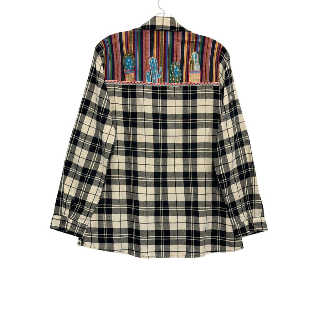 Andree by Unit Embroidered Cactus Serape Button Up Plaid Flannel Shirt Black Whi